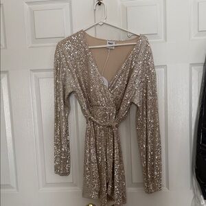Princess Polly Sequin Long Sleeve Mini Dress in Champagne